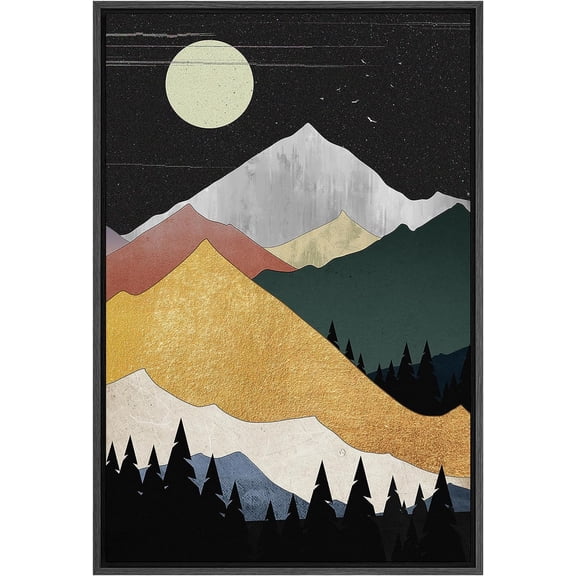 PixonSign Framed Canvas Print Wall Art Moonlight Mountain Range Pine Tree Forest Nature Wilderness Illustrations Decorative Bohemian Multicolor Mid-Century Modern - 16"x24" Black