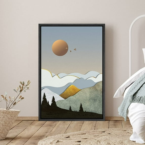 PixonSign Framed Canvas Print Wall Art Mountain Peaks Clouds and Forest Nature Wilderness Illustrations Modern Art Decorative Elements Scenic Colorful Boho Decor for Living Room, Bedroom - 24"x36"