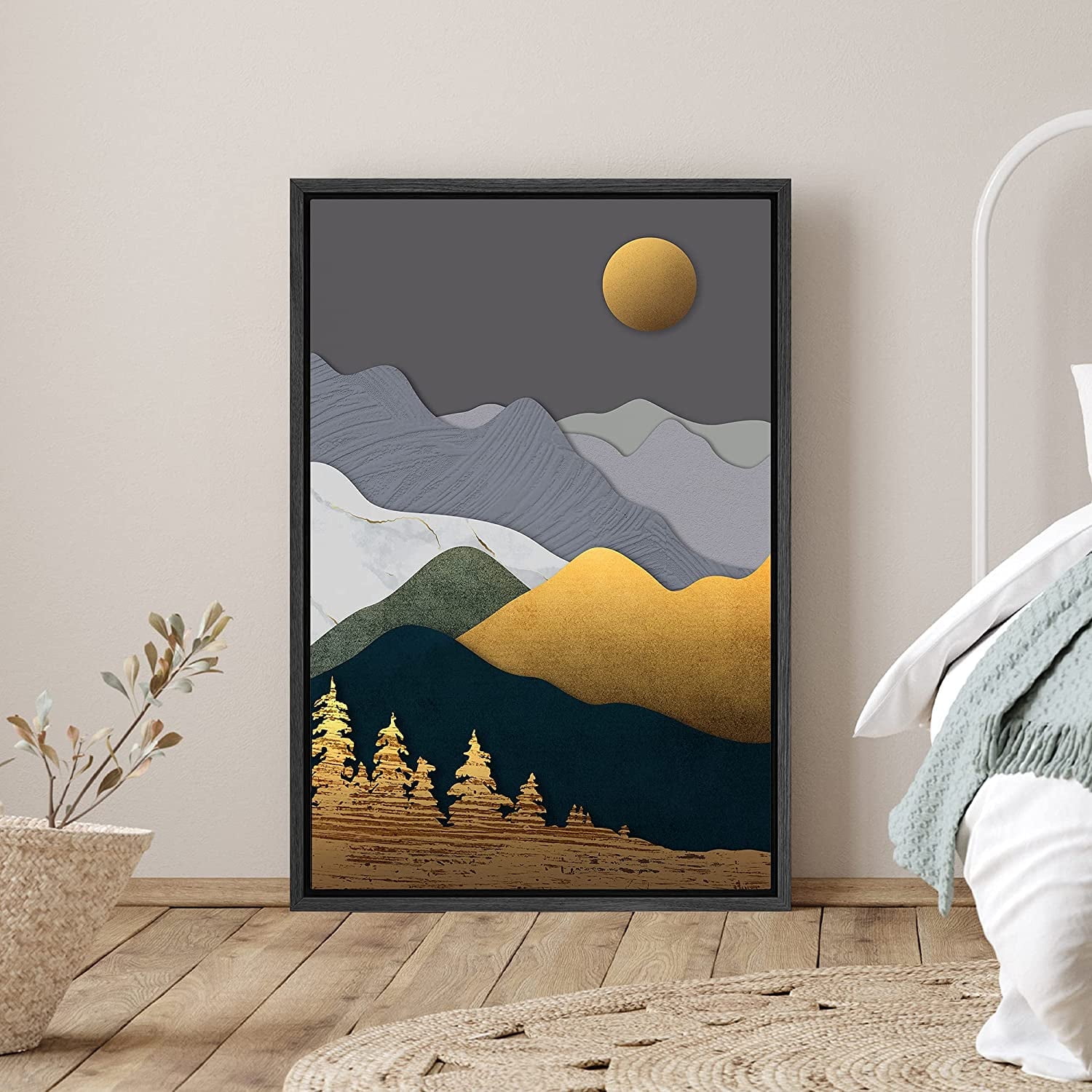 PixonSign Framed Canvas Print Wall Art Mountain Peaks Forest and Moon ...