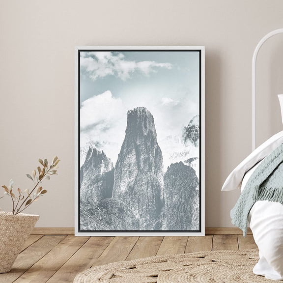 PixonSign Framed Canvas Print Wall Art Mountain Peaks Rise Into Clouds Nature Wilderness Photography Modern Art Bohemian Scenic Relax/Calm Blue Cool for Living Room, Bedroom, Office - 24"x36" White