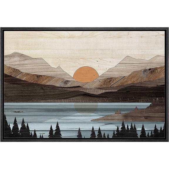 PixonSign Framed Canvas Print Wall Art Mountain Range Lake Trees Nature Wilderness Woodblock Illustrations Decorative Multicolor Landscape Wood Panels Country/Farmhouse - 24"x36" Black