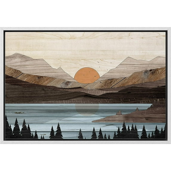 PixonSign Framed Canvas Print Wall Art Mountain Range Lake Trees Nature Wilderness Woodblock Illustrations Decorative Multicolor Landscape Wood Panels Country/Farmhouse - 16"x24" White