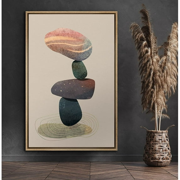 PixonSign Framed Canvas Print Wall Art Multicolor Navy and Pink Rocks Geometric Shapes Mixed Media Modern Art Minimalist Portrait Relax/Calm Ultra for Living Room, Bedroom, Office - 16"x24" Natural