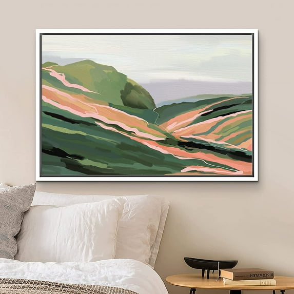 PixonSign Framed Canvas Print Wall Art Multicolor Paint Stroke Green Valley Nature Wilderness Illustrations Modern Art Decorative Minimal Rustic for Living Room, Bedroom, Office - 16"x24" White