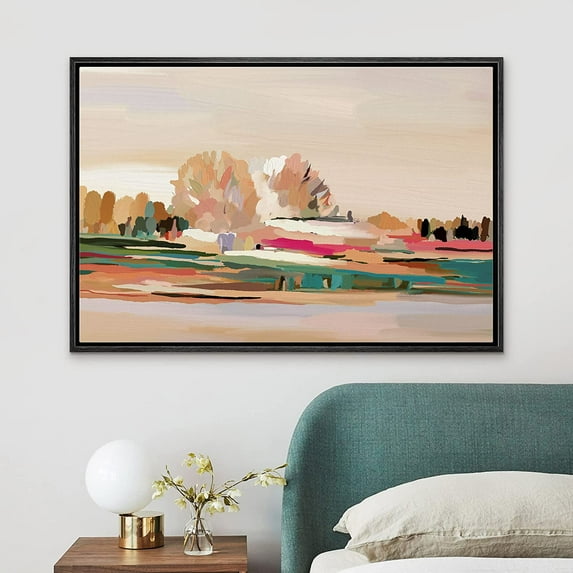 PixonSign Framed Canvas Print Wall Art Multicolor Pastel Forest Country Field Nature Wilderness Illustrations Modern Art Decorative Minimal Rustic for Living Room, Bedroom, Office - 16"x24" Black