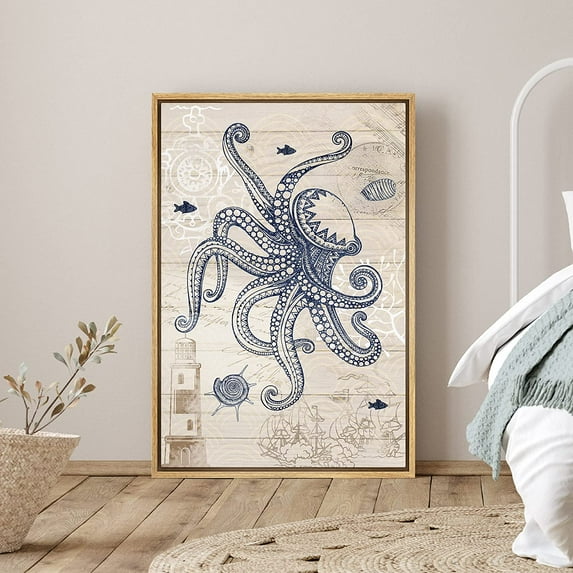 PixonSign Framed Canvas Print Wall Art Octopus, Fish and Lighthouse Animals Ocean Illustrations Modern Art Nautical Relax/Calm Blue Duotone for Living Room, Bedroom, Office - 16"x24" Natural