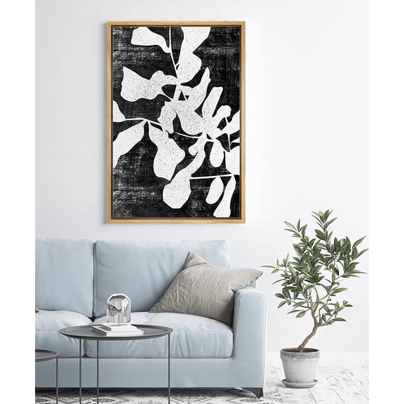 PixonSign Framed Canvas Print Wall Art Oddly Shaped Silver Leaves Floral Wilderness Illustrations Modern Art Minimalist Dark Black and White for Living Room, Bedroom, Office - 24"x36" Natural