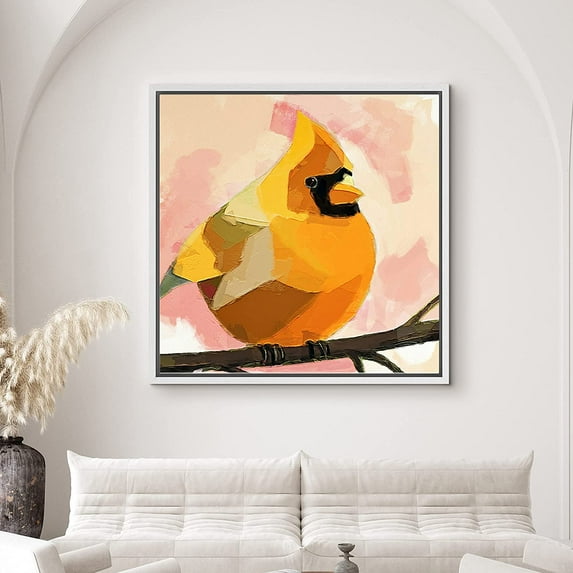 PixonSign Framed Canvas Print Wall Art Orange, Brown, Yellow Finch Animals Wilderness Illustrations Modern Art Chic Closeup Colorful Multicolor Ultra for Living Room, Bedroom, Office - 24"x24" White
