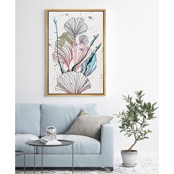 PixonSign Framed Canvas Print Wall Art Orange, Green, Purple Flower Line Art Floral Wilderness Illustrations Modern Art Glam Multicolor Pastel for Living Room, Bedroom, Office - 24"x36" Natural