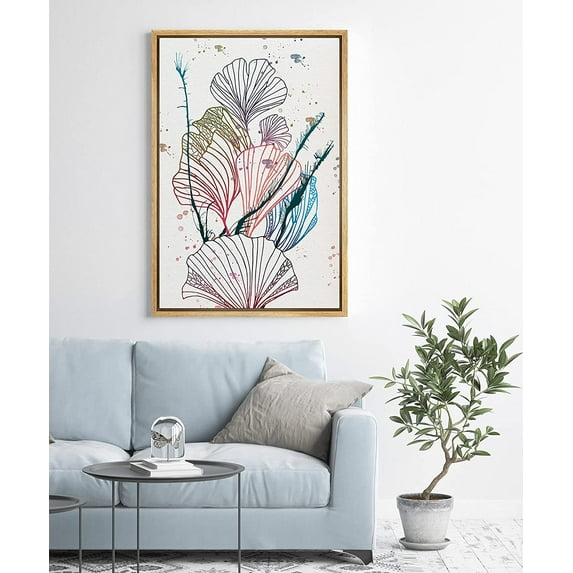 PixonSign Framed Canvas Print Wall Art Orange, Green, Purple Flower Line Art Floral Wilderness Illustrations Modern Art Glam Multicolor Pastel for Living Room, Bedroom, Office - 24"x36" Natural