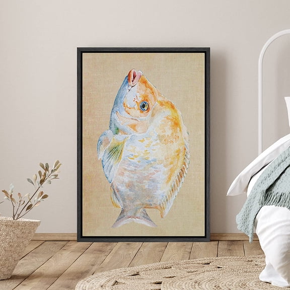 PixonSign Framed Canvas Print Wall Art Orange and White Flounder Animals Fish Illustrations Realism Nautical Portrait Colorful Multicolor Ultra for Living Room, Bedroom, Office - 16"x24" Black