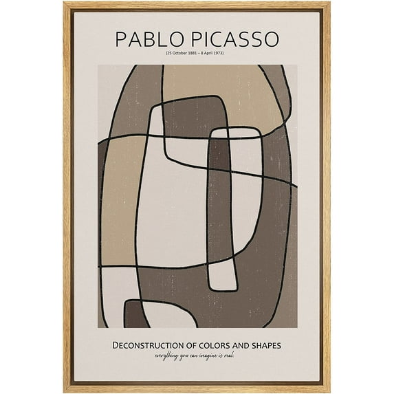 PixonSign Framed Canvas Print Wall Art Pablo Picasso Brown Geometric Line Art Abstract Shapes Illustrations Modern Art Decorative Minimal Relax/Calm for Living Room, Bedroom, Office - 24"x36" NATURAL