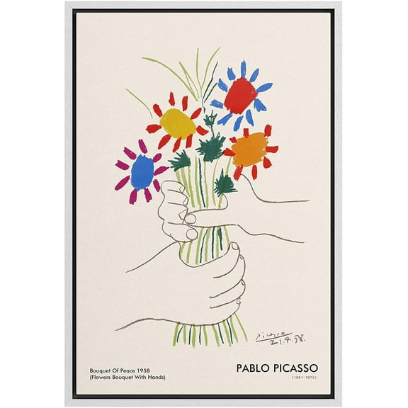 PixonSign Framed Canvas Print Wall Art Pablo Picasso Flower Bouquet Peace Nature Wilderness Illustrations Fine Art Rustic Scenic Relax/Calm Colorful for Living Room, Bedroom, Office - 24"x36" White