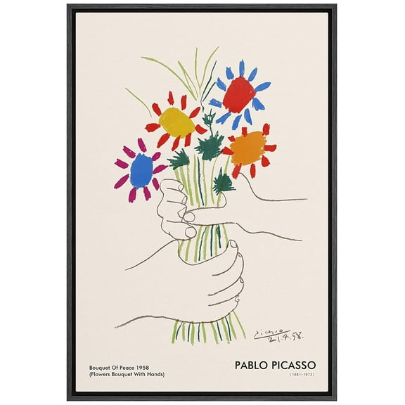 PixonSign Framed Canvas Print Wall Art Pablo Picasso Flower Bouquet Peace Nature Wilderness Illustrations Fine Art Rustic Scenic Relax/Calm Colorful for Living Room, Bedroom, Office - 16"x24" Black