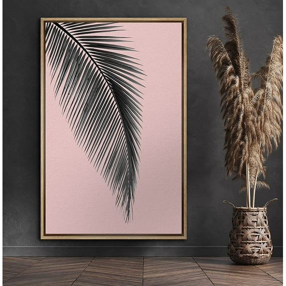 PixonSign Framed Canvas Print Wall Art Palm Leaf Hangs Over Pink Background Botanical Wilderness Photography Realism Minimalist Relax/Calm Duotone for Living Room, Bedroom, Office - 16"x24" Natural