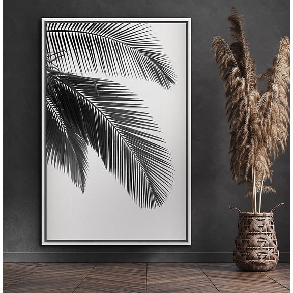 PixonSign Framed Canvas Print Wall Art Palm Leaf Trio Botanical Wilderness Photography Realism Minimalist Relax/Calm Duotone Black and White for Living Room, Bedroom, Office - 16"x24" White