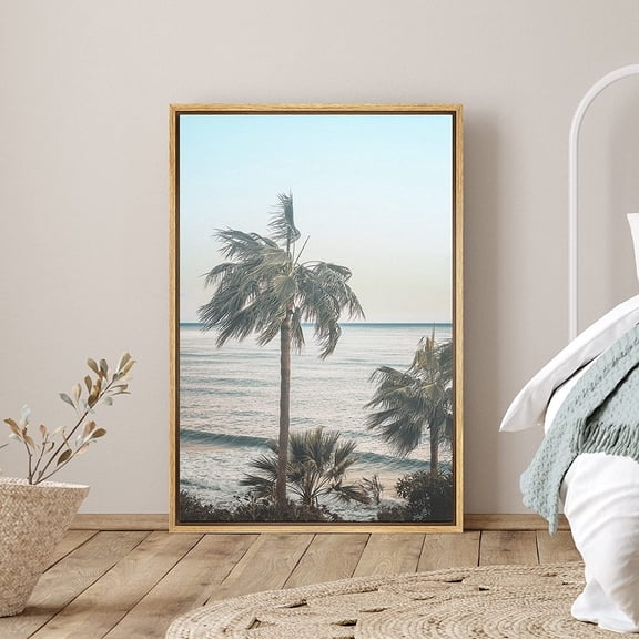 PixonSign Framed Canvas Print Wall Art Palm Trees Covering The Sea Horizon Nature Ocean Photography Realism Modern Scenic Colorful Green Cool for Living Room, Bedroom, Office - 24"x36" Natural
