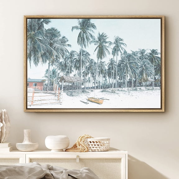 PixonSign Framed Canvas Print Wall Art Palm Trees Sway Over California Beach Nature Ocean Photography Realism Bohemian Scenic Urban Blue Cool for Living Room, Bedroom, Office - 16"x24" Natural