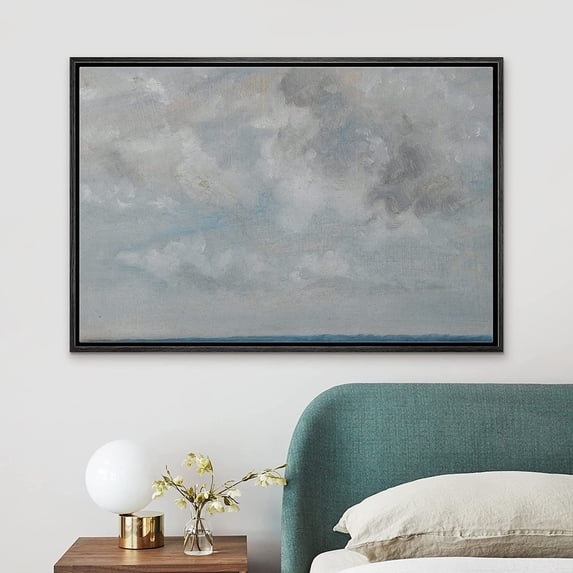 PixonSign Framed Canvas Print Wall Art Pastel Blue Gray Watercolor Cloudy Sky Abstract Shapes Illustrations Modern Art Decorative Minimal Relax/Calm for Living Room, Bedroom, Office - 16"x24" Black