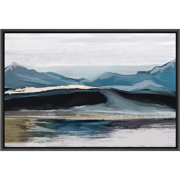 PixonSign Framed Canvas Print Wall Art Pastel Blue Scenic Mountain Range Nature Wilderness Illustrations Modern Art Rustic Zen Landscape Colorful - 16"x24" Black