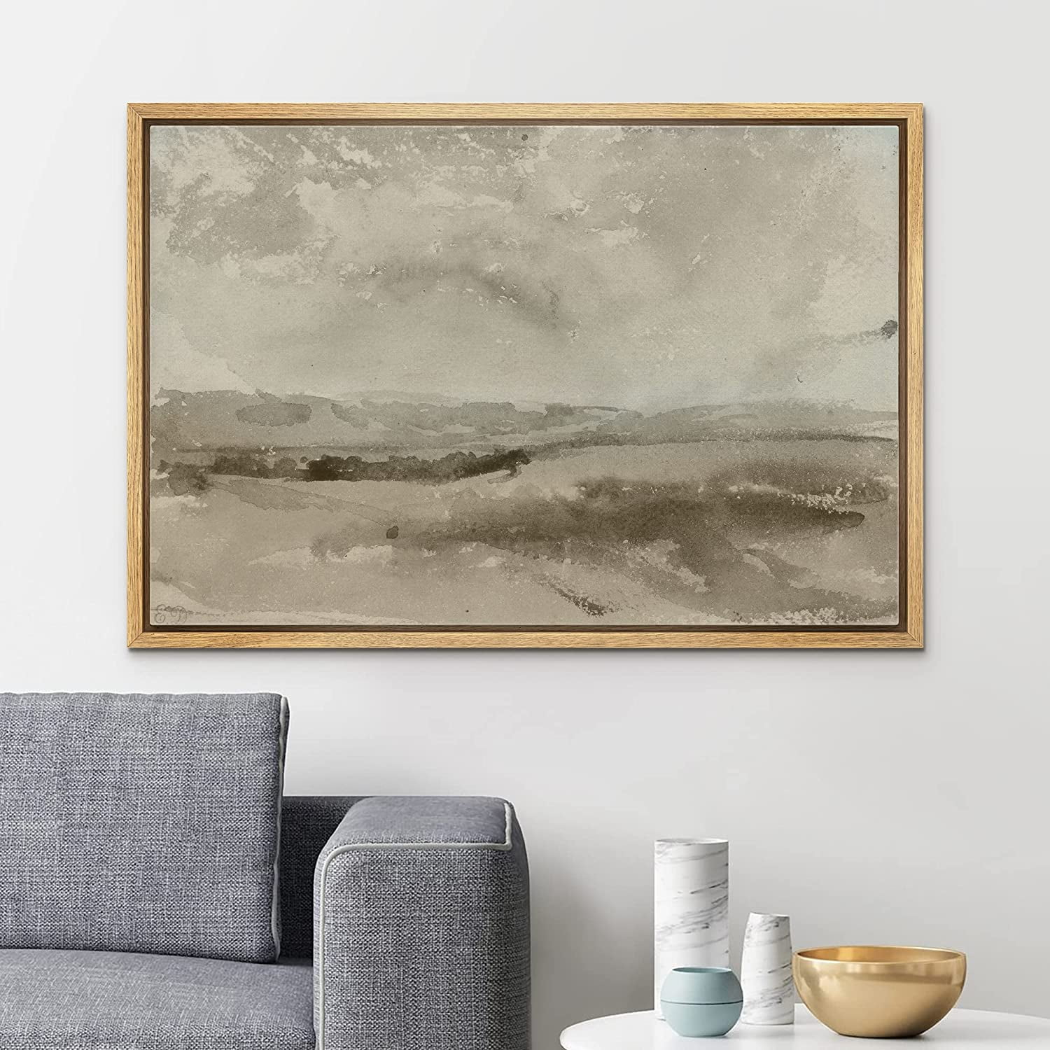 Natural Framed Canvas Print Pastel Brown Geometric Landscape