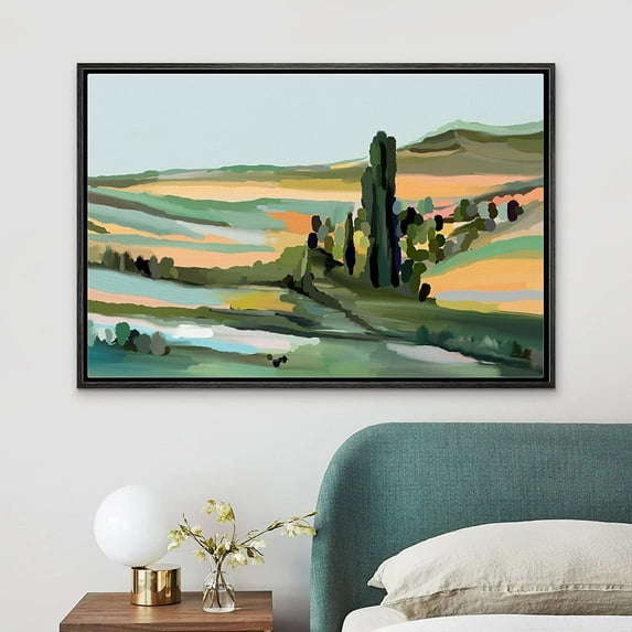 PixonSign Framed Canvas Print Wall Art Pastel Countryside Valley Landscape Nature Wilderness Illustrations Modern Art Decorative Minimal Rustic for Living Room, Bedroom, Office - 16"x24" Black