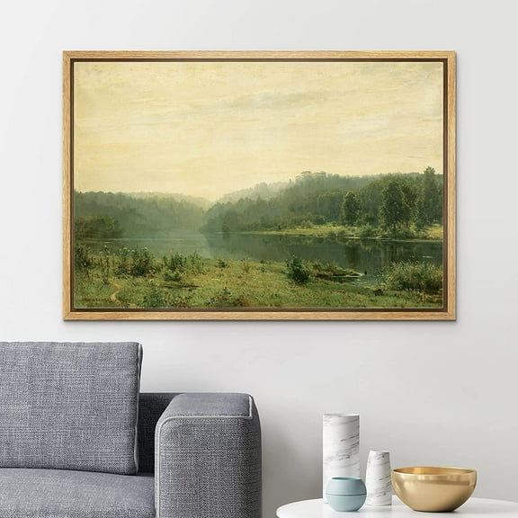 PixonSign Framed Canvas Print Wall Art Pastel Green Forest Valley Landscape Nature Wilderness Illustrations Modern Art Decorative Minimal Rustic for Living Room, Bedroom, Office - 24"x36" Natural