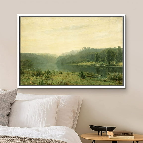 PixonSign Framed Canvas Print Wall Art Pastel Green Forest Valley Landscape Nature Wilderness Illustrations Modern Art Decorative Minimal Rustic for Living Room, Bedroom, Office - 16"x24" White