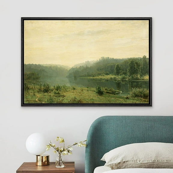 PixonSign Framed Canvas Print Wall Art Pastel Green Forest Valley Landscape Nature Wilderness Illustrations Modern Art Decorative Minimal Rustic for Living Room, Bedroom, Office - 24"x36" Black