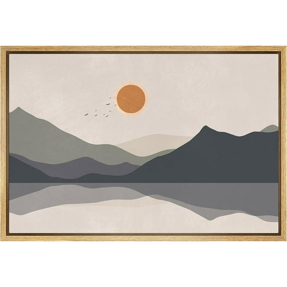 PixonSign Framed Canvas Print Wall Art Pastel Mountain Lake Reflection Nature Wilderness Illustrations Modern Art Decorative Boho Minimal Relax/Zen - 16"x24" Natural