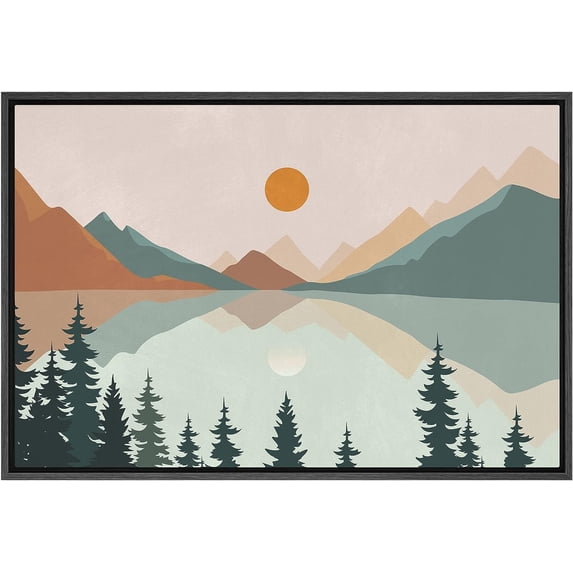 PixonSign Framed Canvas Print Wall Art Pastel Mountain Tree Forest Lake Nature Wilderness Illustrations Modern Art Decorative Boho Minimal Relax/Zen - 24"x36" Black