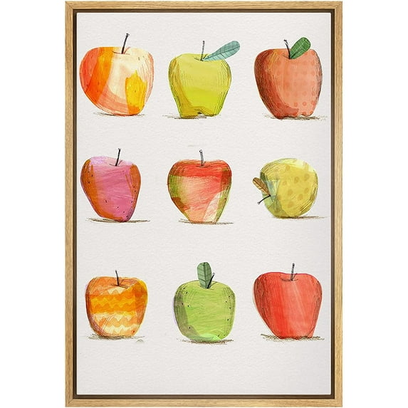 PixonSign Framed Canvas Print Wall Art Pastel Multicolor Colorful Apple Fruit Collage Kitchen & Cooking Food Illustrations Modern Art Decorative Zen for Living Room, Bedroom, Office - 16"x24" NATURAL