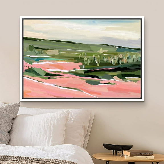 PixonSign Framed Canvas Print Wall Art Pastel Multicolor Mountain Valley Nature Wilderness Illustrations Modern Art Decorative Minimal Rustic for Living Room, Bedroom, Office - 24"x36" White