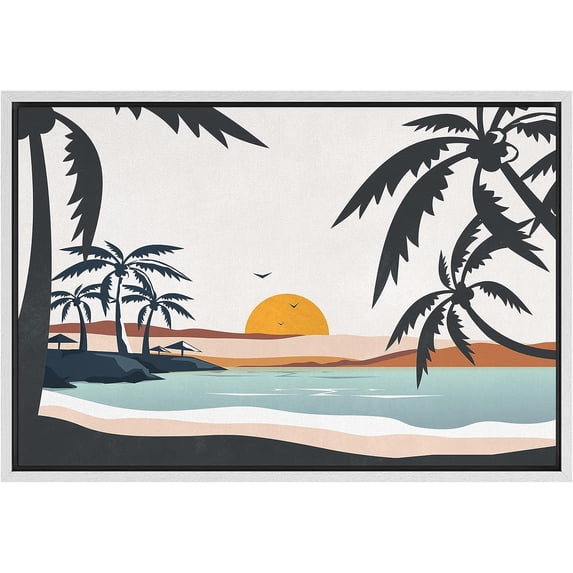 PixonSign Framed Canvas Print Wall Art Pastel Ocean Sunshine Sunset Horizon Nature Wilderness Illustrations Modern Art Decorative Minimal Relax/Zen - 16"x24" White