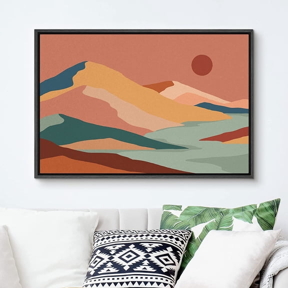 PixonSign Framed Canvas Print Wall Art Pastel Paint Stroke Mountain Range Environment Prints Nature Wilderness Illustration Modern Art Zen Landscape Colorful Home Decor - 24"x36" Black