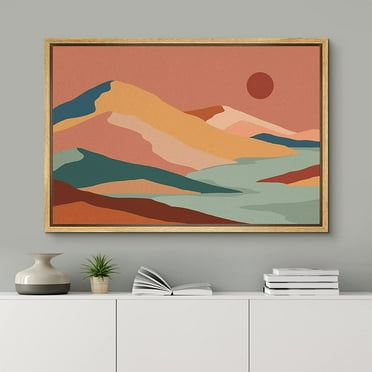 PixonSign Framed Canvas Print Wall Art Pastel Paint Stroke Mountain Range Environment Prints Nature Wilderness Illustration Modern Art Zen Landscape Colorful Home Decor - 16"x24" Natural