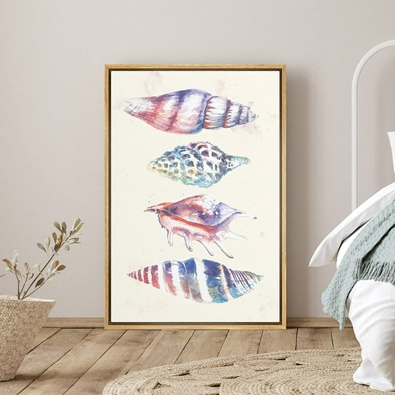 PixonSign Framed Canvas Print Wall Art Pastel Purple and Blue Seashells Nature Ocean Illustrations Modern Art Nautical Relax/Calm Multicolor Boho Decor for Living Room, Bedroom - 24"x36" Natural