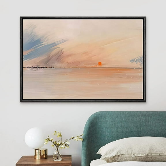 PixonSign Framed Canvas Print Wall Art Pastel Sunset Ocean Horizon Landscape Nature Wilderness Illustrations Modern Art Decorative Minimal Rustic for Living Room, Bedroom, Office - 24"x36" Black