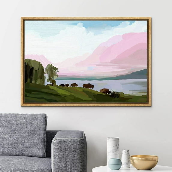 PixonSign Framed Canvas Print Wall Art Pastel Vibrant Brush Stroke Forest Lake Nature Wilderness Illustrations Modern Art Decorative Minimal Rustic for Living Room, Bedroom, Office - 24"x36" Natural