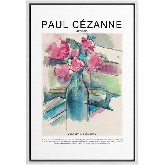 PixonSign Framed Canvas Print Wall Art Paul Cezanne Pink Rose Flowers in Blue Vase Classic Vintage Illustrations Fine Art Decorative Multicolor for Living Room, Bedroom, Office - 24"x36" WHITE