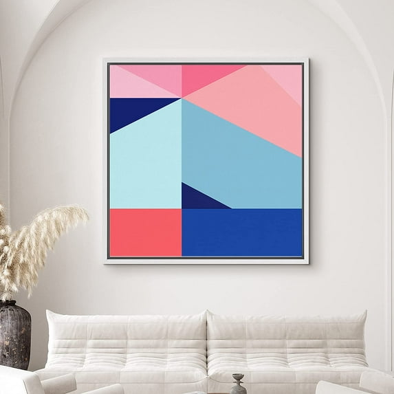 PixonSign Framed Canvas Print Wall Art Pink, Blue, Red Color Blocks Geometric Shapes Illustrations Minimalism Modern Colorful Multicolor Ultra for Living Room, Bedroom, Office - 24"x24" White
