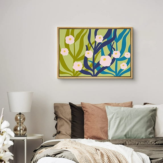 PixonSign Framed Canvas Print Wall Art Pink Daisies & Blue Leaves Botanical Wilderness Illustrations Modern Art Chic Colorful Multicolor Pastel for Living Room, Bedroom, Office - 24"x36" Natural