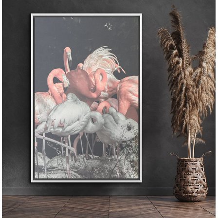 PixonSign Framed Canvas Print Wall Art Pink and Gray Flamingo Flock Animals Wilderness Photography Modern Art Contemporary Portrait Black and White for Living Room, Bedroom, Office - 16"x24" White