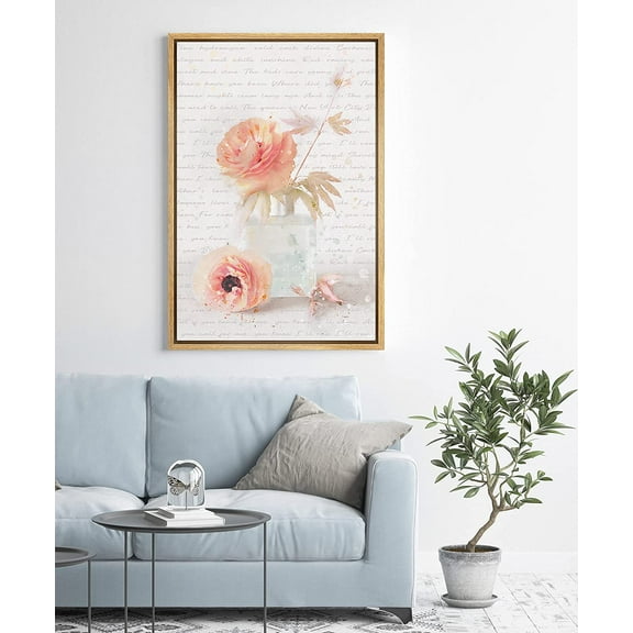 PixonSign Framed Canvas Print Wall Art Pink Peonies in Glass Vase Floral Wilderness Illustrations Modern Art Chic Colorful Multicolor Pastel for Living Room, Bedroom, Office - 24"x36" Natural