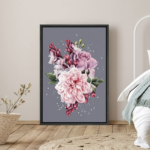 PixonSign Framed Canvas Print Wall Art Pink and Red Chinese Peony Botanical Flower Digital Art Modern Art Glam Closeup Colorful Multicolor Ultra for Living Room, Bedroom, Office - 24"x36" Black