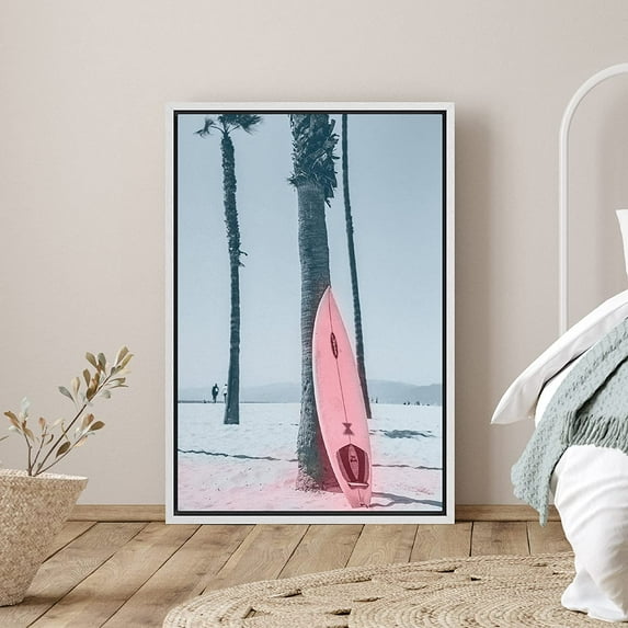 PixonSign Framed Canvas Print Wall Art Pink Surfboard on The Beach Coastal Ocean Photography Realism Bohemian Scenic Colorful Multicolor Pastel for Living Room, Bedroom, Office - 24"x36" White