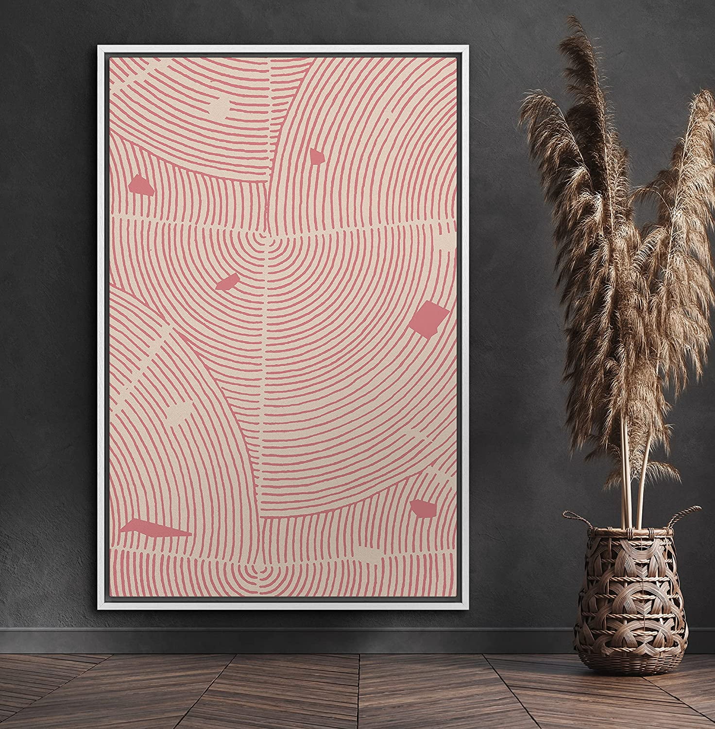 PixonSign Framed Canvas Print Wall Art Pink Swirling Print with Pink Flakes Geometric Shapes Illustrations Modern Art Minimalist Dramatic Multicolor for Living Room, Bedroom, Office - 16"x24" White
