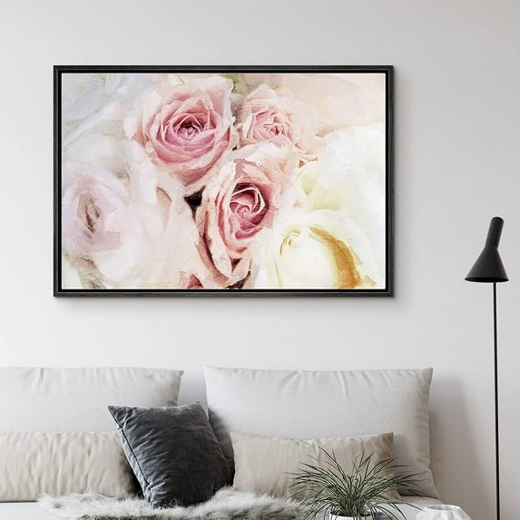 PixonSign Framed Canvas Print Wall Art Pink & White Roses Floral Wilderness Illustrations Realism Chic Relax/Calm Multicolor Pastel for Living Room, Bedroom, Office - 24"x36" Black
