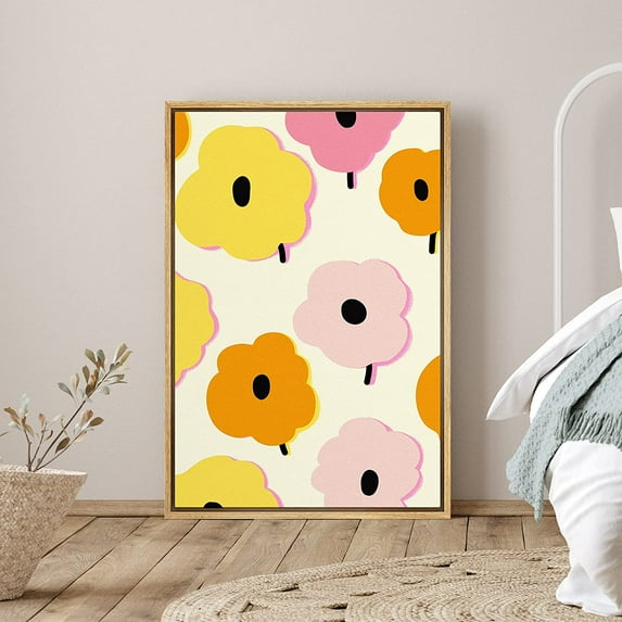 PixonSign Framed Canvas Print Wall Art Pink, Yellow and Orange Daisies Nature Plants Illustrations Modern Art Contemporary Relax/Calm Multicolor Ultra for Living Room, Bedroom, Office - 16"x24"