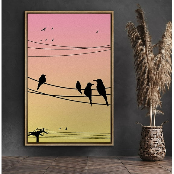 PixonSign Framed Canvas Print Wall Art Pink and Yellow Sky with Birds Animals Wildlife Illustrations Modern Art Scenic Fun Multicolor Ultra for Living Room, Bedroom, Office - 24"x36" Natural